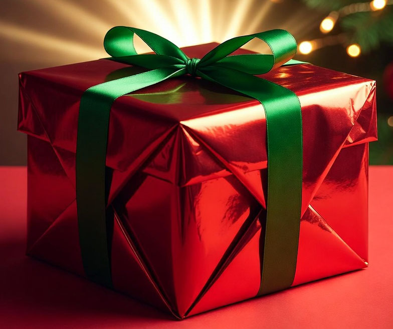 A wrapped gift with light beaming out from behind it.