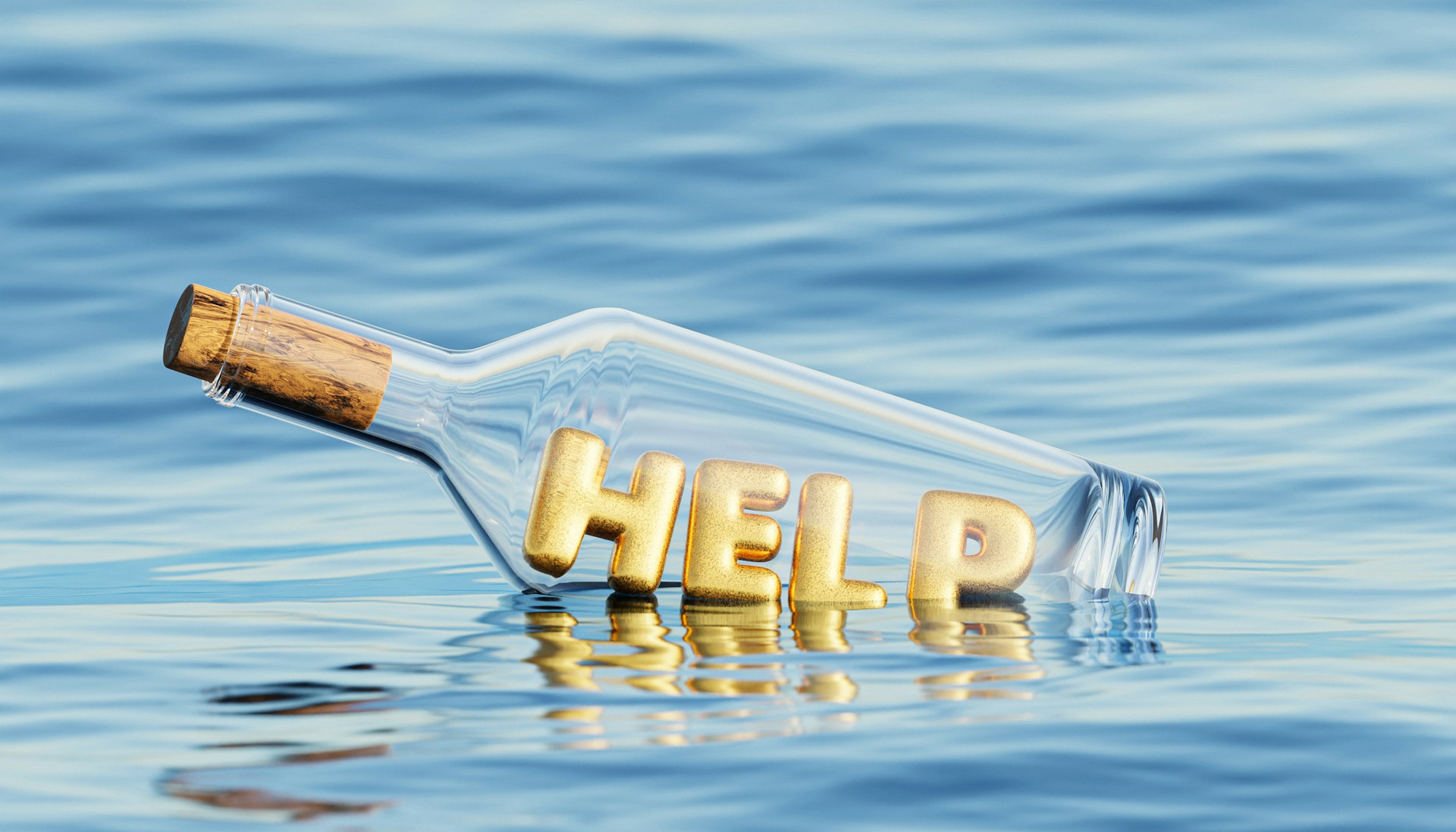 The word "help" in a clear, corked bottle floating on the ocean.