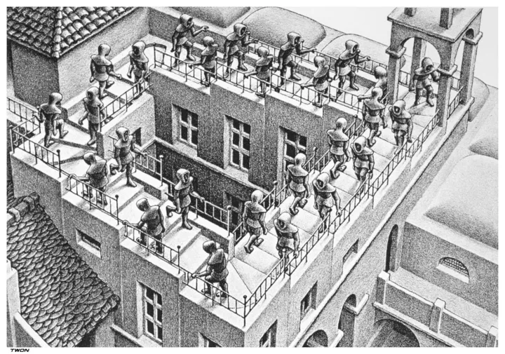 Escher's Staircase with people endlessly circling upward.
